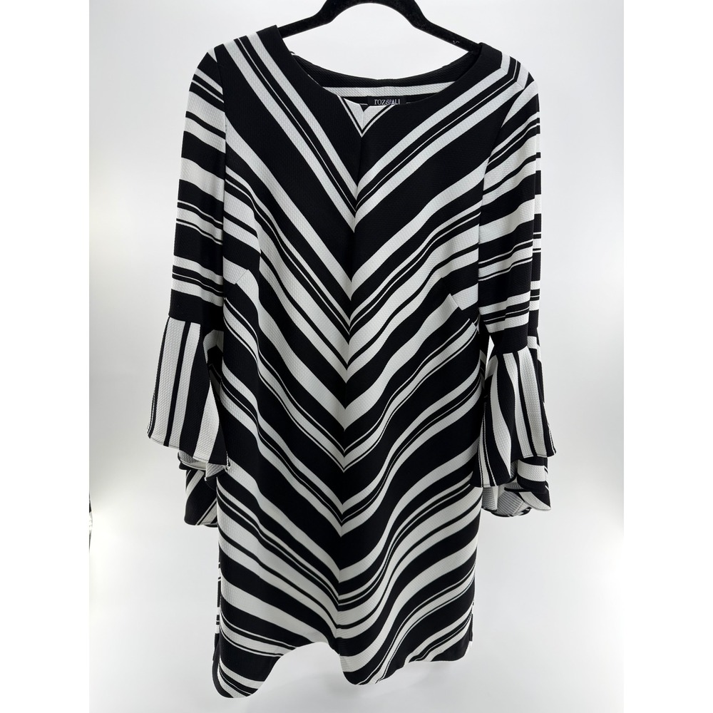 Roz & Ali Black White Chevron Stripe Bell Sleeve Shift Dress Size 14